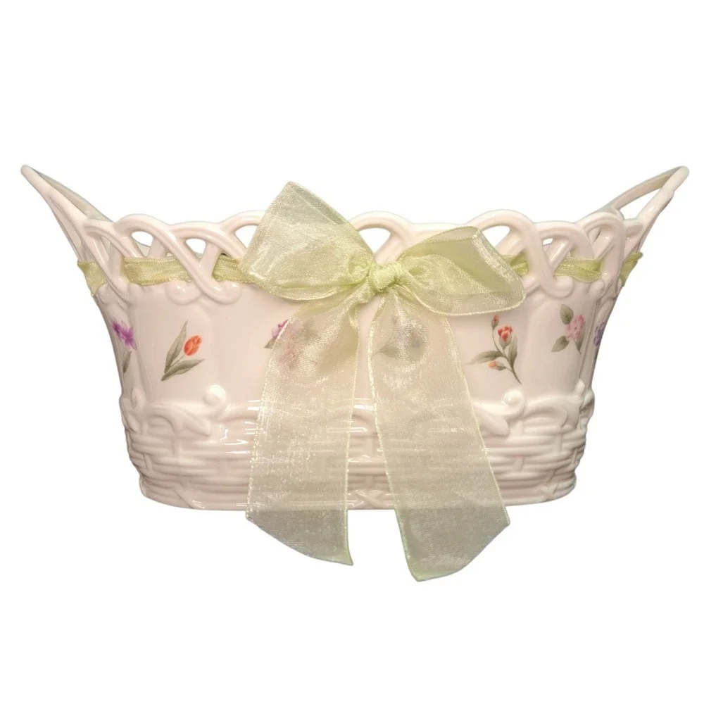 Lenox Posy Baskets‎ Cream Floral Design Green Ribbon 9.5